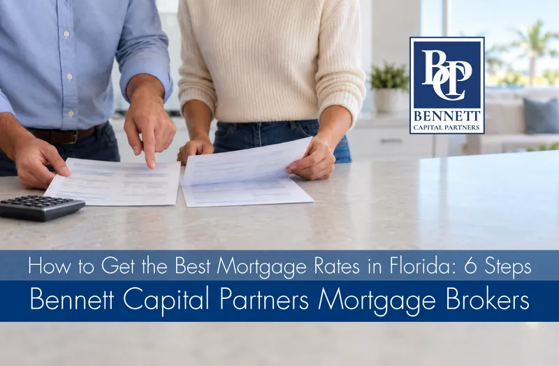 Homebuyers comparing mortgage loan estimates with a calculator in a Florida home