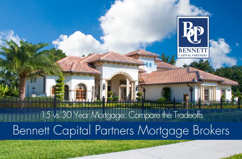 Florida home with a tile roof and palms, with Bennett Capital Partners Mortgage Brokers branding