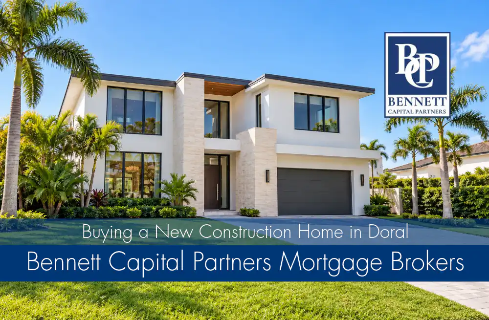 Contemporary two-story home with tropical landscaping and a Doral new-construction guide title.