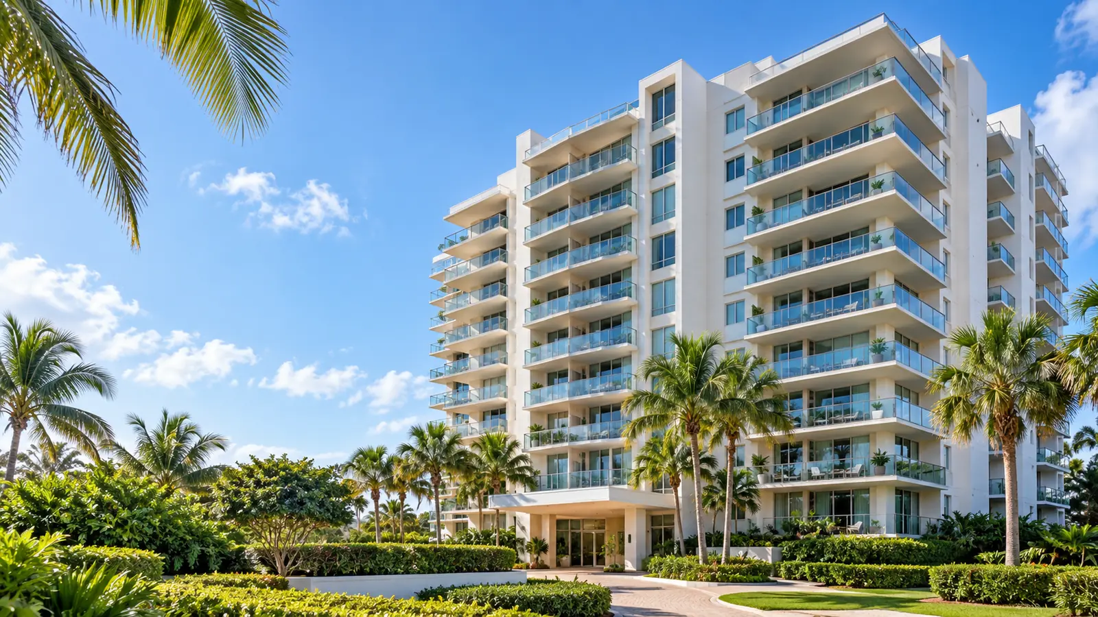 Illustrative Florida condominium building with private balconies and palm landscaping