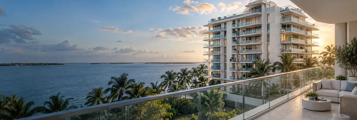 Illustrative waterfront condominium with glass balconies, palm trees and a terrace overlooking the bay