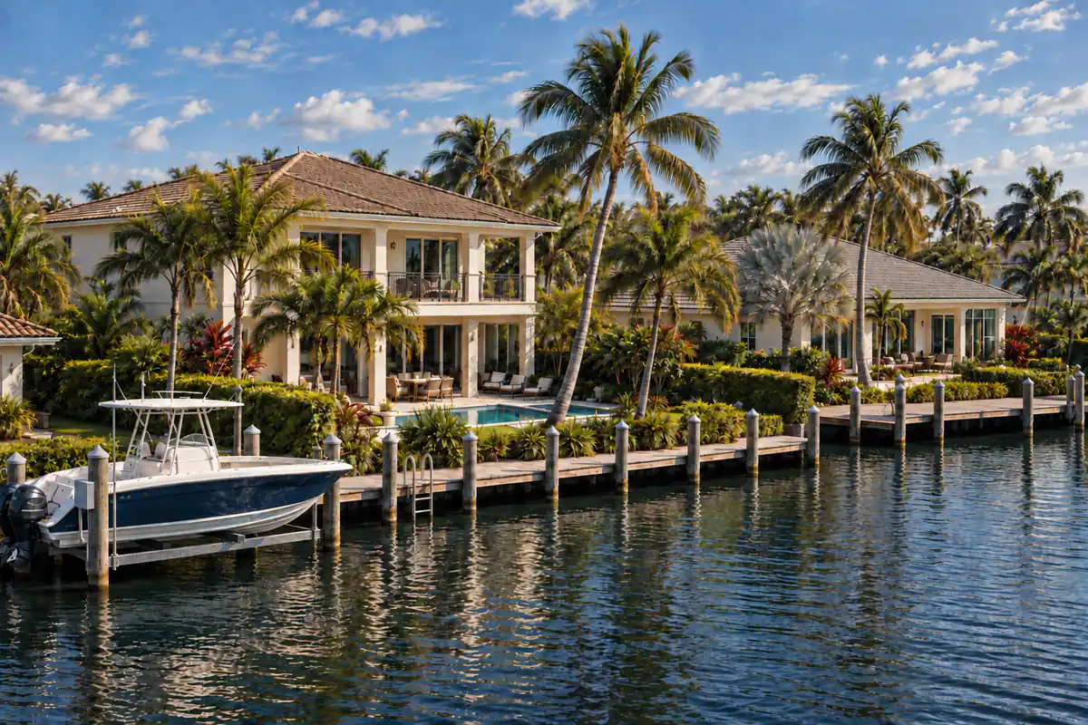 Illustration of waterfront homes, palms and a boat dock inspired by Fort Lauderdale