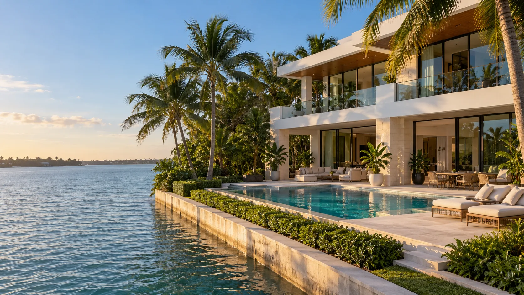 Illustrative luxury Miami waterfront home with a pool and palm-lined terrace