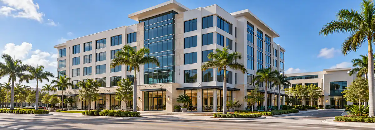 Illustration of a South Florida office building with glass facades and palm trees