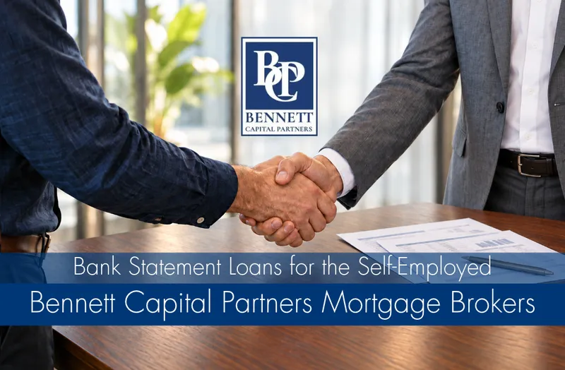 Business professionals shaking hands over bank statements, with Bennett Capital Partners Mortgage Brokers branding.