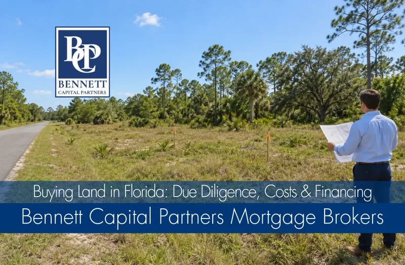Buyer reviewing a site plan beside a vacant Florida parcel with road access and survey stakes.