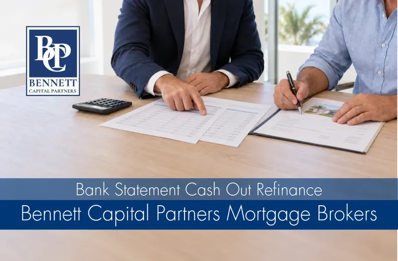 Two people reviewing bank statements and property documents, with Bennett Capital Partners branding.