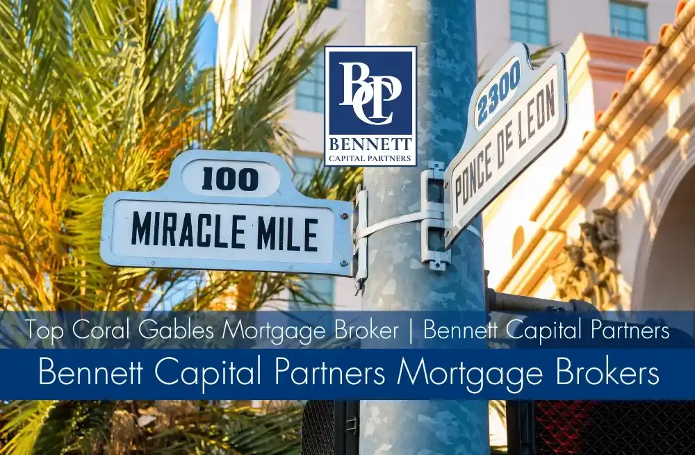 Miracle Mile and Ponce de Leon street signs in Coral Gables with Bennett Capital Partners branding