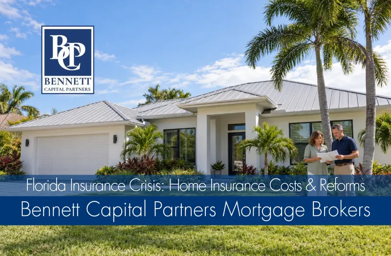 Couple reviewing documents outside a Florida home with palm trees and Bennett Capital Partners branding.