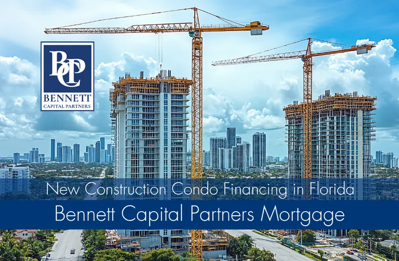New condominium towers under construction in Miami, Florida, with Bennett Capital Partners branding.