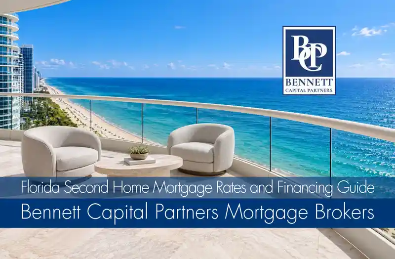 Oceanfront condominium terrace overlooking a Florida beach, with Bennett Capital Partners second home mortgage guide branding