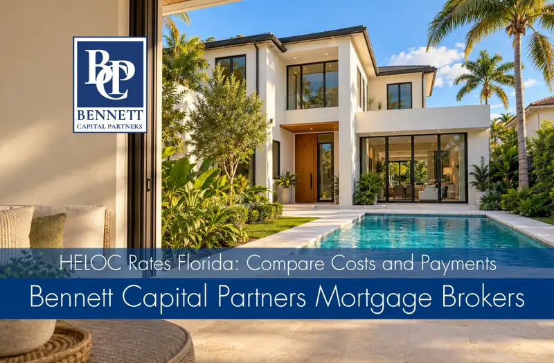 Modern home and pool with Bennett Capital Partners branding and HELOC Rates Florida: Compare Costs and Payments title