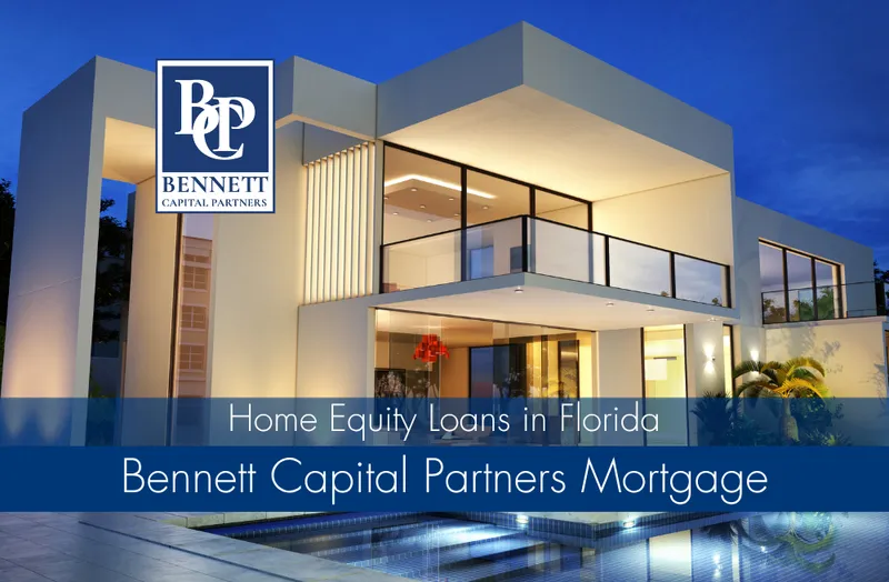 Modern Florida home with a pool and Bennett Capital Partners home equity loan branding.