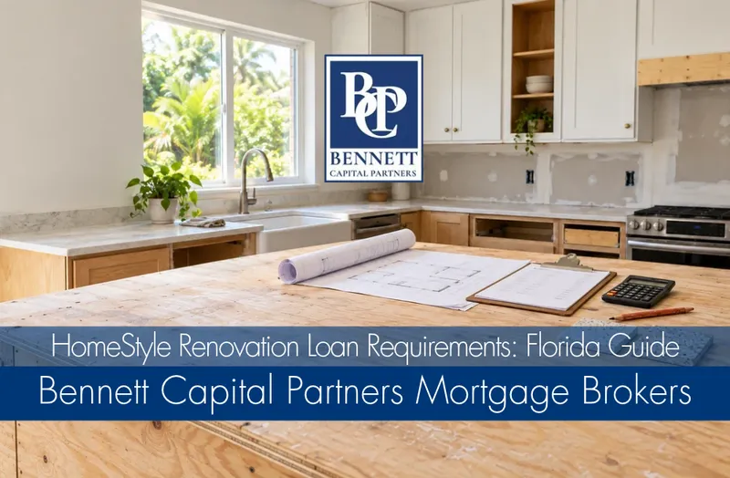 Kitchen renovation with plans and a calculator, with the headline HomeStyle Renovation Loan Requirements: Florida Guide.