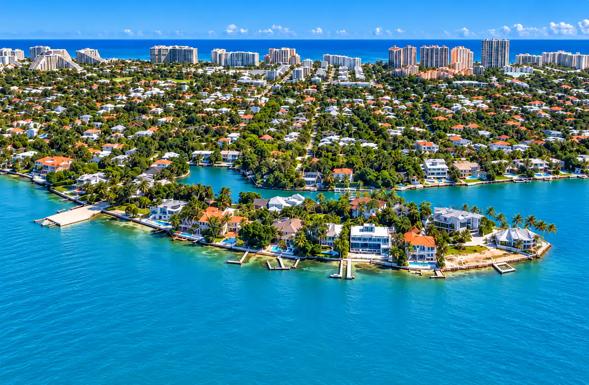 Aerial view of waterfront homes and coastal condominium buildings in Key Biscayne, Florida