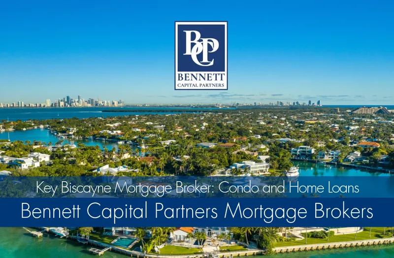 Aerial view of Key Biscayne with Bennett Capital Partners Mortgage Brokers branding and condo and home loan title