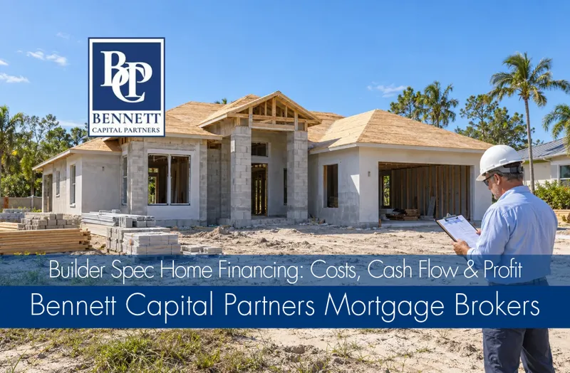 Builder reviewing a clipboard beside a Florida spec home under construction, with Bennett Capital Partners branding.