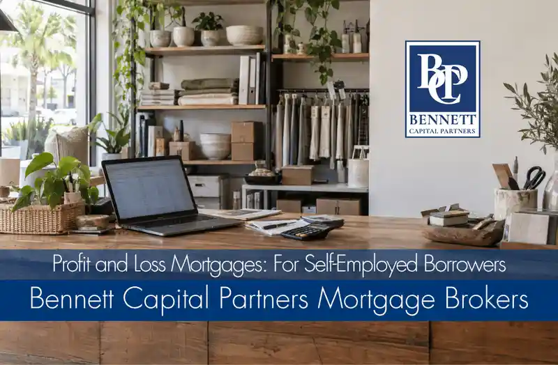 Small business workspace with a laptop, calculator, and Bennett Capital Partners Mortgage Brokers branding.